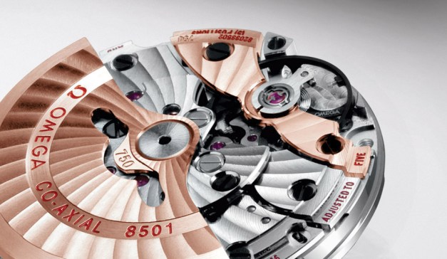The upscale version of the cal. 8500, the cal. 8501 features rotor and other parts fabricated from 18k gold (image from OmegaWatches.com)